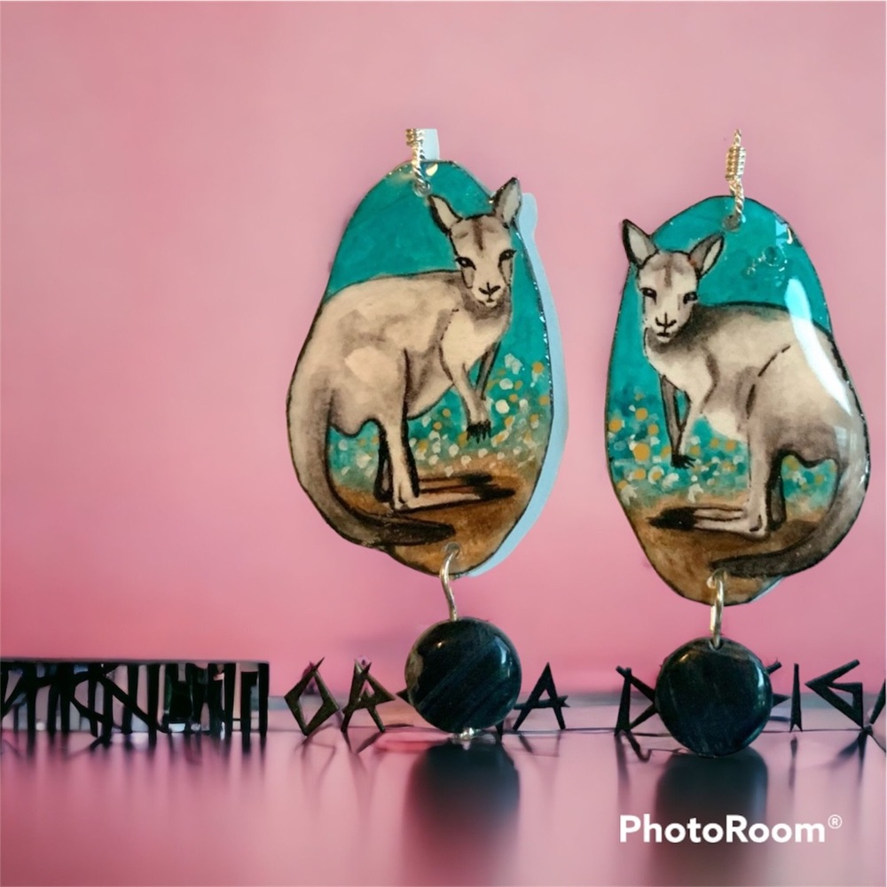 Great grey Kangaroo hand painted earrings sterling wires OOAK